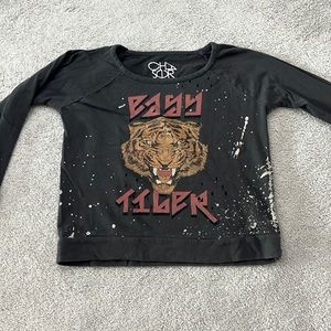 Chaser grey sweatshirt with splatter paint and distressed holes, size Small